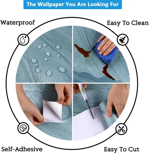 Miniatura 9 de CRE8TIVE Papel adhesivo de mármol líquido verde azulado para encimeras, papel tapiz impermeable de mármol mate, autoadhesivo, extraíble