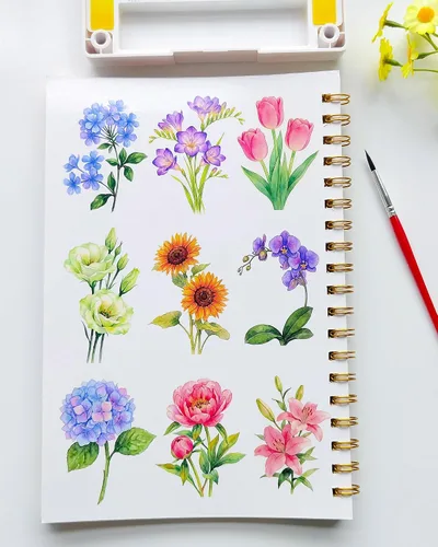 Miniatura 6 de Cuaderno de trabajo de acuarela 15 hermosas pinturas de flores para adultos y adolescentes principiantes, libro para colorear al agua, 140 libras