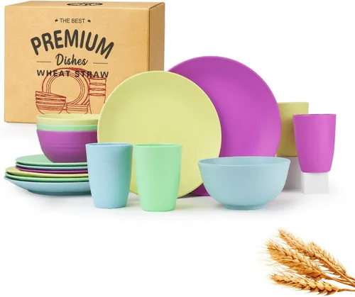 Miniatura 15 de Homienly Juegos de Vajilla Premium de Paja de Trigo, Platos y Tazones Ligeros e Irrompibles, Tazas, Servicio para 4, Apto para Lavavajillas