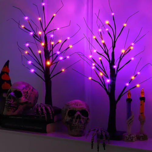 Efunly Paquete de 2 árboles espeluznantes negros de Halloween de 24 pulgadas con luces naranjas y moradas, USB y árbol negro de mesa con pilas, con