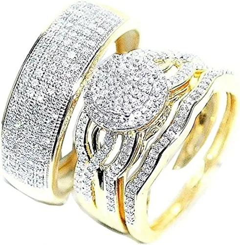 Anillo de boda de corte redondo DVVS1 con diamantes para él y ella para él y para ella conjunto de anillos de boda a juego para él ella plata de ley