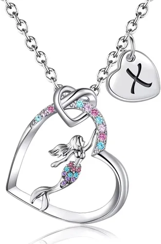 BAOWING Regalos de sirena para niñas, collares de sirena, coloridos collares con colgante de letra de corazón de circonita cúbica, collar con dije