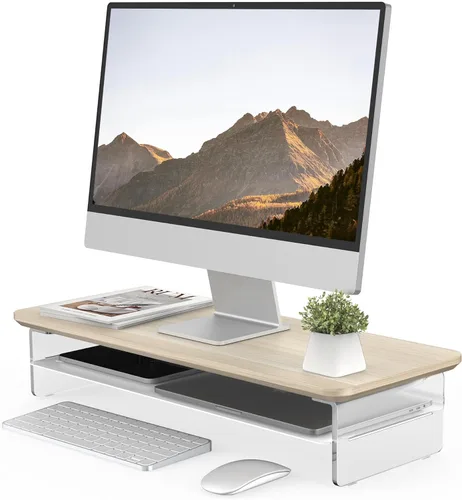 Miniatura 10 de Fenge Soporte Elevador de Monitor de Acrílico, Soporte de Monitor Dual de 42.5 Pulgadas con Almacenamiento de Metal, Elevador de Computadora de Roble