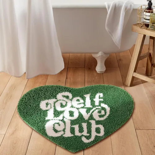 Alfombra de baño verde bonita y divertida para dormitorio, baño, SELF Love Club de felpa moderna y genial decoración de San Valentín, regalo de