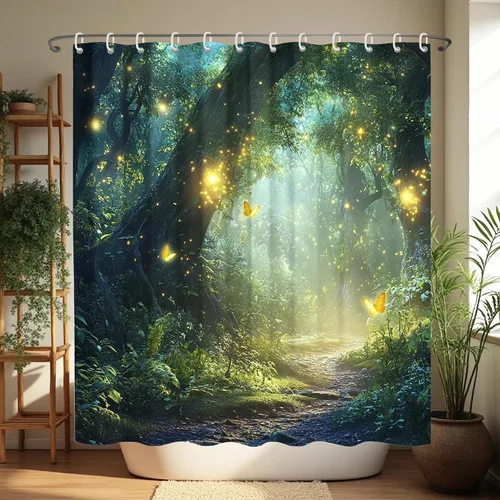 Cortinas de ducha de bosque encantado, cortinas de ducha verdes de jardín natural para baño, divertida decoración de baño de poliéster impermeable,