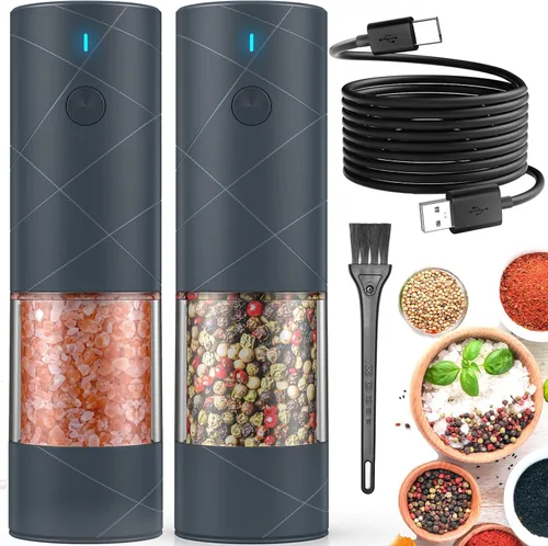 Miniatura 11 de Lidaop - Juego de 2 molinillos eléctricos de sal y pimienta recargable por USB con luz LED cálida, grosor ajustable, gran capacidad, molinillo