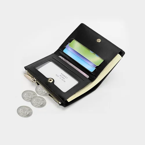 Miniatura 5 de Billeteras delgadas y pequeñas de cuero con bolsillo, tarjetero, plegable, triple, monedero para mujer con cremallera (negro)