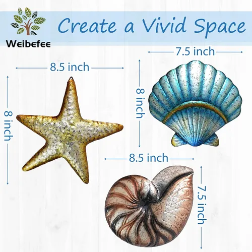 Miniatura 5 de Weibefee 3 piezas de decoración de pared de playa de metal, conchas de estrella de mar, decoración del día de la madre, decoración del día