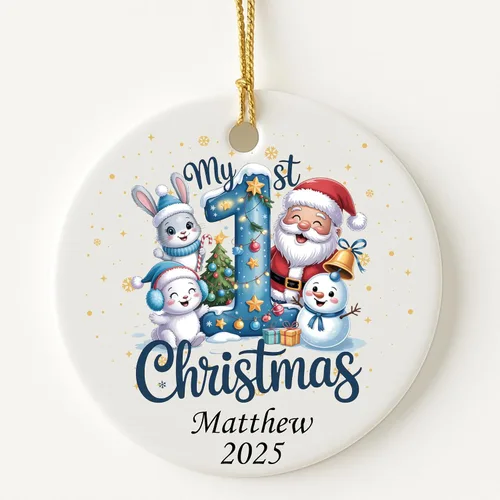 Adorno personalizado de mi primera Navidad 2025 – Recuerdo redondo de cerámica con nombre personalizado – Decoración de árbol de Navidad para bebés