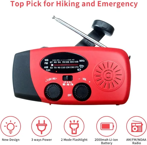 Miniatura 5 de Radio de manivela solar de emergencia mejorada con linterna LED, radio meteorológica portátil Am Fm NOAA, cargador de teléfono celular