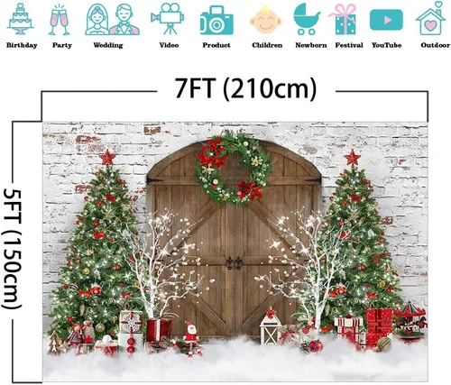 Miniatura 4 de Mocsicka Telón de fondo de fotografía de Navidad con puerta de granero, árbol de Navidad, regalos de nieve, decoración de fondo de fotos de casa