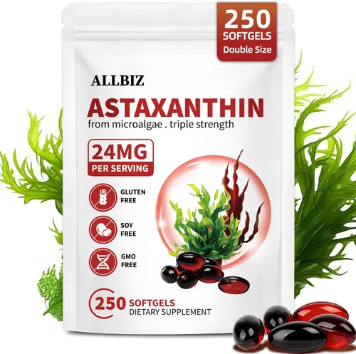 ALLBIZ Astaxantina 24 mg | 250 cápsulas blandas | Suministro para 250 días | Suplemento antioxidante premium que apoya la salud de los ojos, la