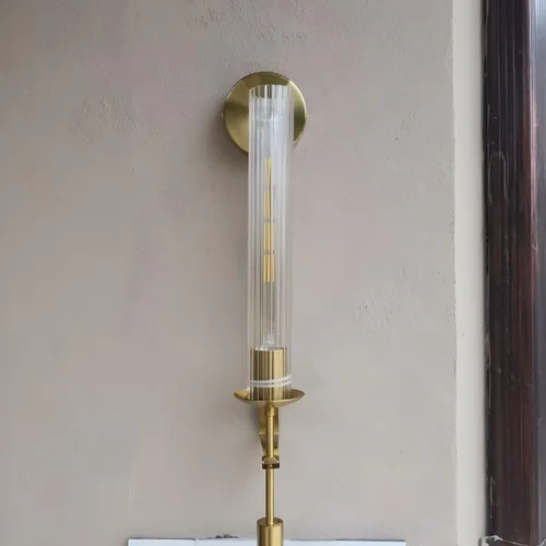 Miniatura 5 de LIGHTLAND Aplique de pared dorado, lámpara de pared moderna de metal y vidrio de 28 pulgadas, lámpara de pared para sala de estar, dormitorio