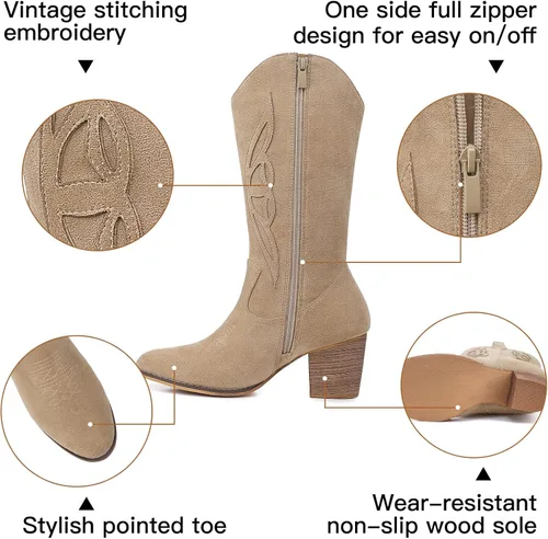 Miniatura 3 de SHIBEVER Botas vaqueras para mujer Medio Botas vaqueras negras de pantorrilla ancha con bordado occidental de tacón alto con punta redonda