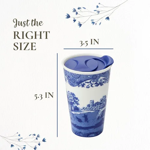 Miniatura 8 de Spode Taza de viaje de porcelana italiana azul de 8 onzas con tapa – Vaso con estampado escénico con borde decorativo – Taza de café de cerámica