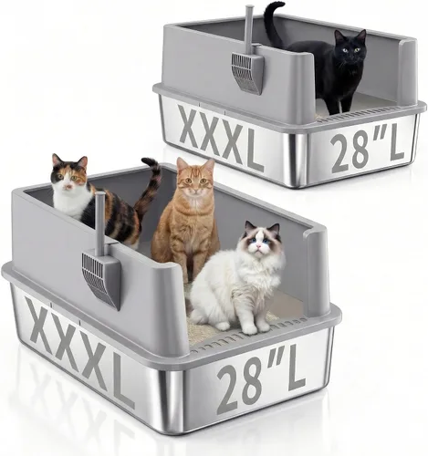 Miniatura 10 de Jotesnew Paquete de 2 Cajas de Arena para Gatos de Acero Inoxidable XL con Tapa y Lados Altos, 24" L x 16" A x 12" Al Cajas de Arena de Metal Extra