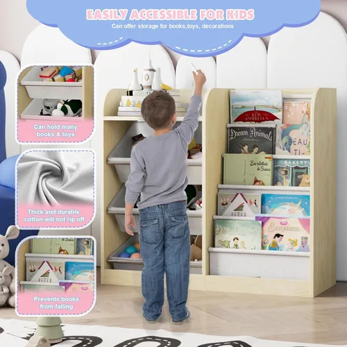 Miniatura 6 de Estantería de madera natural para niños, caja de almacenamiento de juguetes, estante organizador con 4 contenedores de plástico extraíbles