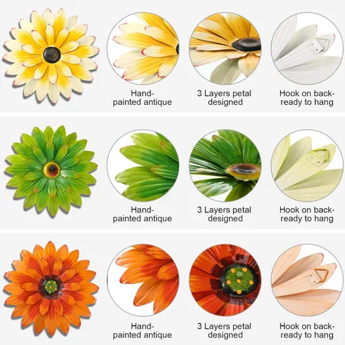 Miniatura 4 de Hotop 3 piezas de arte de pared de metal con diseño de margaritas de metal 3D, flores colgantes de múltiples capas, decoración rústica