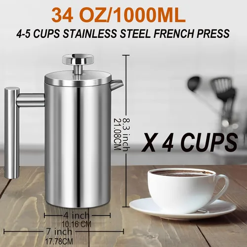 Miniatura 3 de Cafetera de prensa francesa de 34 onzas, aislamiento de doble pared de acero inoxidable, 3 filtros adicionales y cuchara de café para café Plateado