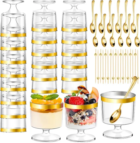 Miniatura 8 de DI QIU REN 120 Piezas Vasos de Postre de 5oz con Cuchara Dorada, Vaso de Plástico Transparente para Postre Parfait Aperitivo Pudín, Copas Redondas