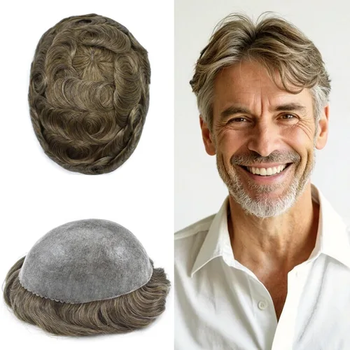 Miniatura 22 de Extensiones de pelo tipo tupé para hombre, sistema de reemplazo de cabello humano virgen 100% europeo, piel fina y duradera, inyección completa
