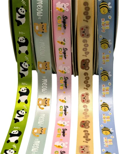 Surtido de cinta de satén de 20 yardas, lazo de panda, abeja, oso, gato, conejo, caricatura, manualidades, embalaje de bricolaje, accesorio para el