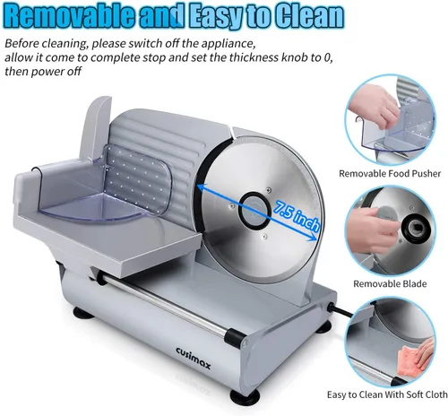 Miniatura 3 de Rebanadora de Carne, CUSIMAX Rebanadora Eléctrica de Delicatessen con Dos Cuchillas Extraíbles de Acero Inoxidable de 7.5" y Empujador, Cortador