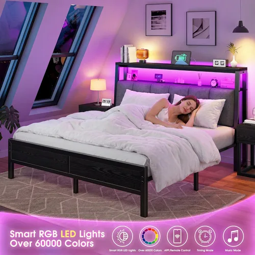 Miniatura 5 de Homkdom Base de cama de tamaño matrimonial con estación de carga, marco de cama tamaño matrimonial con luces LED con cabecera de almacenamiento Negro