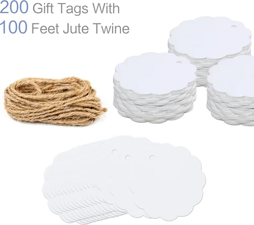 Miniatura 2 de 200 etiquetas de regalo de papel kraft blanco festoneado con cuerda de yute natural de 100 pies para embalaje de manualidades, la etiqueta mide 2.4
