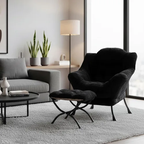 Miniatura 6 de Welnow - Silla perezosa con otomana, moderna silla de descanso con reposabrazos y bolsillo lateral, sillón de sofá tapizado de ocio, sillón de Negro