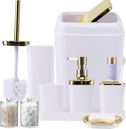 Miniatura 18 de XLHOMO - Juego de baño beige de plástico de 9 piezas, con basurero, dispensador de jabón, portacepillos de dientes, vaso, jabonera, cepillo