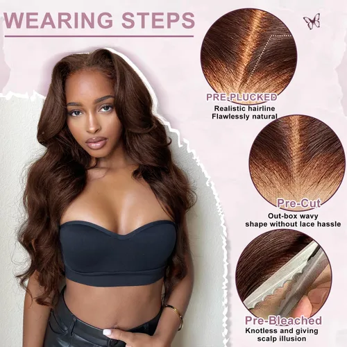 Miniatura 2 de Pelucas de cabello humano de 24 pulgadas con encaje frontal color marrón chocolate, sin pegamento, 200% de densidad, sin pegamento, precortadas de 7