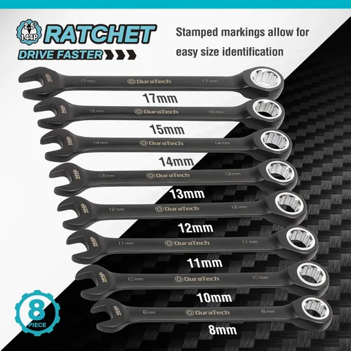 Miniatura 4 de DURATECH Juego de llaves de trinquete combinadas, 144-P, garras dobles apiladas, 8 piezas, métricas, 8, 10, 11, 12, 13, 14, 15, 17mm, acero CR-V