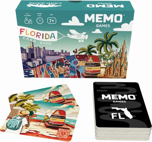 MEMO Florida Landmarks - Juego de cartas de memoria para adultos, niños y adolescentes - Juego educativo de viaje familiar con 50 cartas y datos QR,
