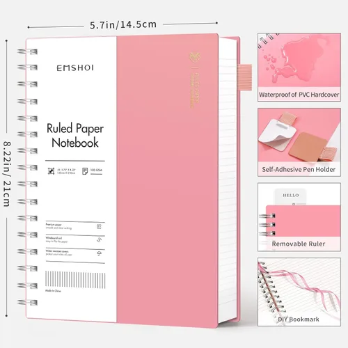 Miniatura 2 de EMSHOI Cuaderno espiral A5 rayado para la universidad, pequeño de 5.7" X 8.22", 300 páginas/150 hojas, papel grueso de 100 g/m², tapa dura Rosado