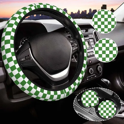 Miniatura 13 de Funda de volante a cuadros para mujeres, funda universal para volante de automóvil de 14-15 pulgadas, accesorios interiores para automóvil, con 2
