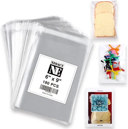 Bolsas de celofán adhesivas transparentes: 180 bolsas autosellantes de 6 x 9 pulgadas, buenas para panadería, vela, jabón, galletas, etc.