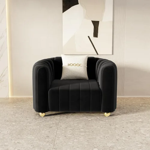 Miniatura 7 de Moderno juego de sofá de terciopelo negro de 3 piezas para sala de estar, juego de sofá curvado acolchado con patas de esfera de metal dorado