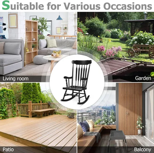 Miniatura 9 de Tangkula Silla mecedora de patio de madera de goma sólida, silla mecedora de porche exterior con marco de madera de goma, silla mecedora de madera