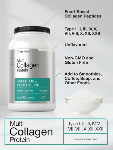 Miniatura 4 de Horbaach Multi Collagen Protein Powder 32 oz Tipos I, II, III, IV, V, VII, VIII, X, XII y XXII Péptidos de colágeno alimentados con pasto Apto