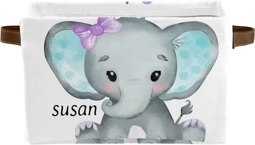 Canasta de almacenamiento personalizada de elefante verde azulado con nombre, caja de almacenamiento grande con asas para el hogar, oficina,