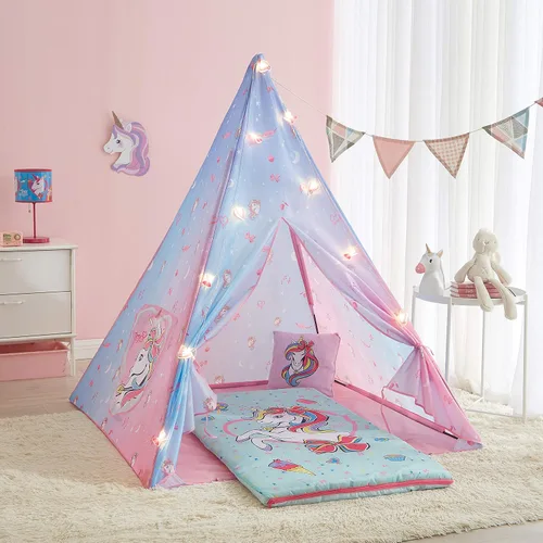 Nickelodeon JoJo Siwa - Juego de pijama de 4 piezas con tienda de campaña tipi, saco de dormir, almohada decorativa de unicornio y luces de cadena