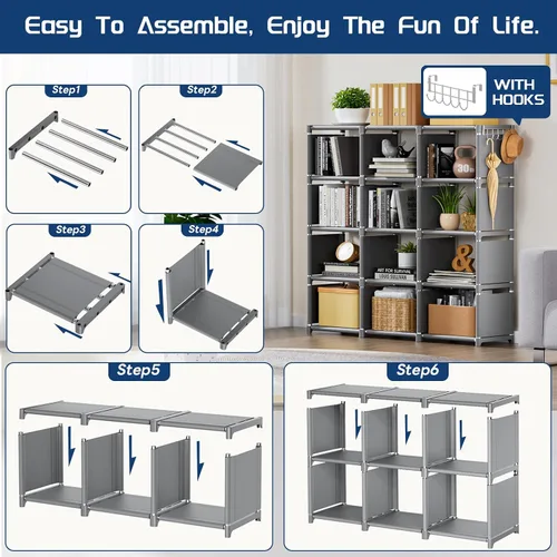 Miniatura 8 de Mavivegue - Estante organizador de almacenamiento de 12 cubos, estante de bricolaje para libros, estantes organizadores de almacenamiento de Gris