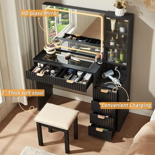 Miniatura 7 de LEYAOYAO Escritorio de tocador con espejo y luces, tocador de maquillaje acanalado de 43.5 pulgadas con 6 cajones y estantes ajustables, tocador