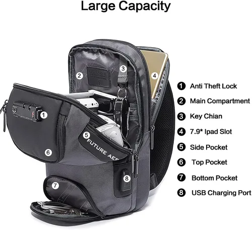 Miniatura 3 de Mochila tipo bandolera para hombre, bolsa de hombro impermeable con puerto USB