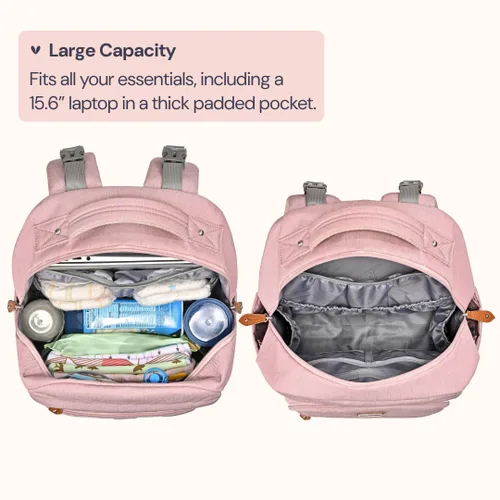 Miniatura 4 de BabbleRoo Mochila para pañales – Bolsa de pañales grande de viaje para bebé con cambiador, bolsas de bebé impermeables para mamá y papá, bolsas Rosa