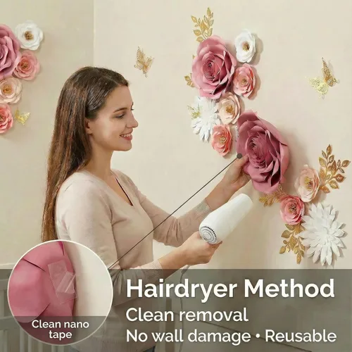 Miniatura 4 de Grandes decoraciones de flores de papel para pared, decoración de pared de flores artificiales 3D con pegatina de mariposa dorada para habitación