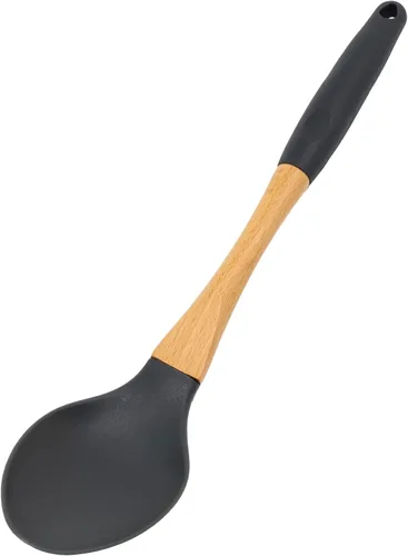Miniatura 13 de Beille 5 utensilios de cocina de madera de nailon gris oscuro con cucharas de cocina, cucharón de sopa, cuchara espumadera y espátula, 13 pulgadas