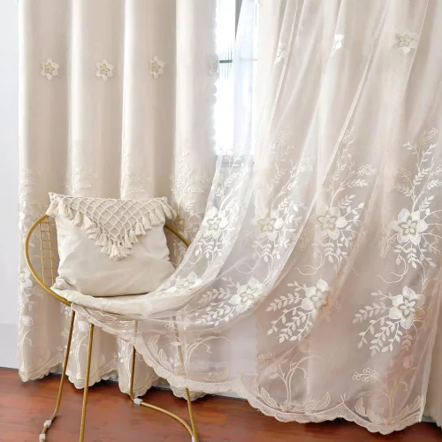 Miniatura 2 de Amidoudou 1 par de cortinas europeas de doble capa para sala de estar, dormitorio, cortinas bordadas de flores de lujo con cenefa