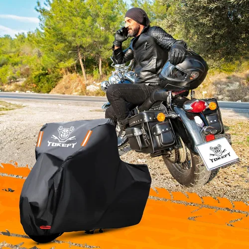 Miniatura 6 de Cubierta para motocicleta negra, tela Oxford 210D todo clima, protección contra el agua y el sol, cubierta para vehículo de 86 pulgadas para Harley